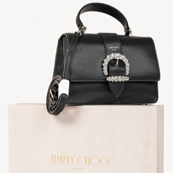 Jimmy Choo Cheri Black Soft Grainy Leather Crystal-Buckle Top Handle Bag - Picture 14 of 14